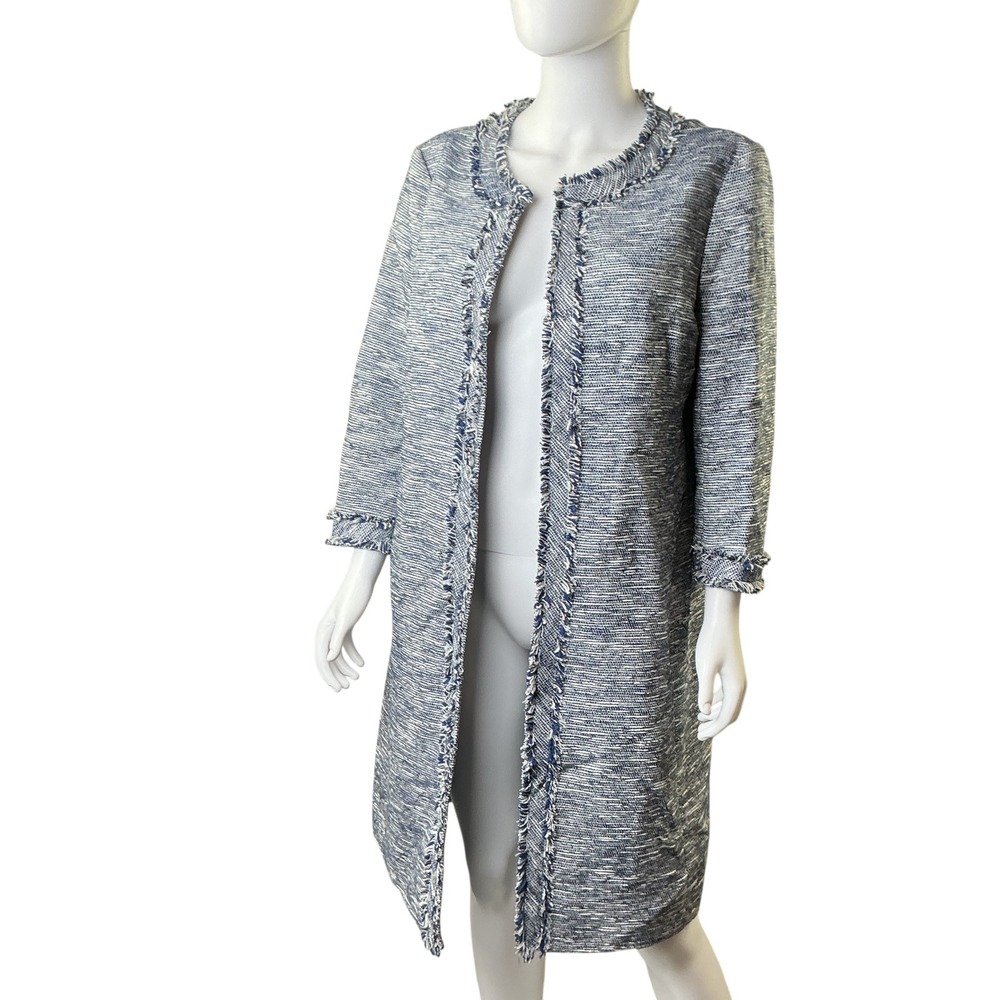 Anne‎ Klein Blue White Tweed Longline Fringed Topper Jacket Size 12 NEW - Picture 11 of 16